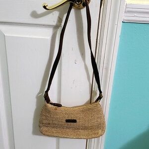 Charter Club Boho Festival Beige Woven Faux Leather Strap Mini Hobo Shoulder Bag